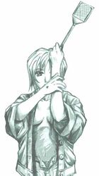  aqua_theme aya_brea female jacket monochrome open_clothes open_shirt parasite_eve parasite_eve_ii parody shirt sigeo2000 sleeves_rolled_up solo 