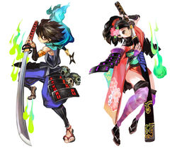  1boy armor black_hair blush brown_eyes cherry_blossoms comb dual_wielding female fire floral_print flower gauntlets green_fire hair_flower hair_ornament highres hitodama holding holding_sword holding_weapon izuna_jinkuro japanese_armor japanese_clothes katana kimono kisuke kote kurokote kusazuri left-handed momohime oboro_muramasa official_art pale_skin photoshop_(medium) sandals scarf sheath sheathed shigatake short_kimono shoulder_armor shuriken simple_background skull sode star_(symbol) striped striped_leggings suneate sword thighhighs unsheathing weapon 