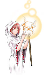  cherub female final_fantasy final_fantasy_i harahachibu_ajinosuke hood orange_eyes pink_hair red_hair solo staff sweatdrop white_mage_(final_fantasy) wings 