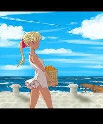  beach blonde_hair cloud commentary_request day female hachimitsuboi highres letterboxed original outdoors panties pink_eyes ponytail sky solo underwear 