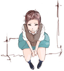  brown_hair female ichigoo original school_uniform solo sweater_vest vest white_background 