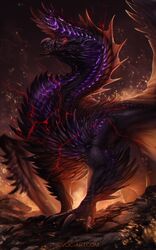  2020 alatreon ambiguous_gender black_body black_scales capcom claws detailed_background digital_media_(artwork) dragon elder_dragon european_mythology feral hi_res horn implied_fire isvoc membrane_(anatomy) membranous_wings monster_hunter mythological_creature mythological_scalie mythology night outside purple_body purple_scales red_eyes scales scalie solo spines text url western_dragon wings 