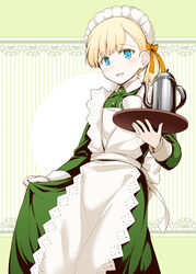  :d alternate_costume apron blonde_hair blue_eyes blunt_bangs blush commentary cup dress enmaided female frilled_apron frills green_dress hair_between_eyes hair_ornament hair_ribbon highres holding holding_tray kantai_collection long_dress long_hair long_sleeves looking_at_viewer maid maid_headdress open_mouth revision ribbon rui_shi_(rayze_ray) saucer shin&#039;you_(kancolle) shin&#039;you_(maid)_(kancolle) side_ponytail simple_background smile solo standing teacup teapot tray white_apron yellow_ribbon 