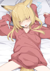  animal_ear_fluff animal_ears ass_visible_through_thighs bed_sheet blonde_hair brown_hoodie closed_eyes collarbone commentary_request drawstring drooling facing_viewer female fox_ears fox_girl fox_tail hair_over_eyes highres hood hood_up hoodie long_sleeves lying nabari_(ogami_kazuki) ogami_kazuki on_back open_mouth original pillow pinching_sleeves puffy_long_sleeves puffy_sleeves saliva sleeping sleeves_past_wrists solo spread_legs tail 