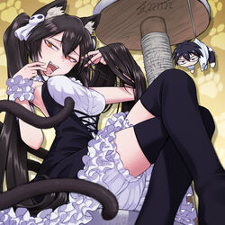  :d :o animal_ears black_dress black_hair bloomers breasts brown_eyes cat_ears cat_tail character_doll character_request crossed_legs dai_tokyo_oniyome-den dated dress feet_out_of_frame female hanafuda_jinta hand_in_own_hair harayukisodati highres medium_breasts miyako_(dai_tokyo_oniyome-den) multiple_tails paw_print scratching_post smile tail two_tails underwear white_bloomers white_dress yellow_background 