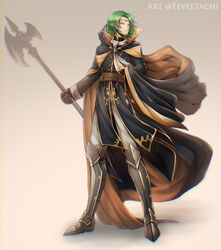  1boy absurdres alternate_costume armored_boots artist_name beard boots cape circlet commentary_request eeveetachi facial_hair fire_emblem fire_emblem:_three_houses gloves graphite_(medium) green_eyes green_hair grey_background highres male_focus pointy_ears polearm seteth_(fire_emblem) solo spear traditional_media weapon 