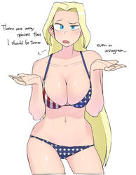  america_(ohasi) american_flag american_flag_bikini american_flag_print bikini blonde_hair blue_eyes breasts cleavage collarbone commentary english_text engrish_text female flag_print large_breasts long_hair looking_at_viewer navel ohasi open_mouth original parted_bangs print_bikini ranguage solo swimsuit symbol-only_commentary very_long_hair 