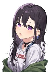  black_hair blue_hair braid choker clothes_writing female french_braid green_jacket highres hood hoodie ichinose_uruha ichinose_uruha_(2nd_costume) jacket looking_at_viewer lupinus_virtual_games multicolored_hair open_mouth purple_eyes simple_background solo streaked_hair two-tone_hair upper_body virtual_youtuber vspo! white_background white_hoodie yuzutouhu_ika 