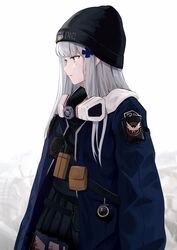  absurdres agent_416_(girls&#039;_frontline) agent_416_(shield_of_manhattan)_(girls&#039;_frontline) amamizu_shizuku beanie commentary facial_mark female girls&#039;_frontline green_eyes grey_hair hair_ornament hat highres hk416_(girls&#039;_frontline) hood hood_down hooded_jacket jacket long_hair mask mask_around_neck official_alternate_costume profile respirator solo tom_clancy&#039;s_the_division upper_body 