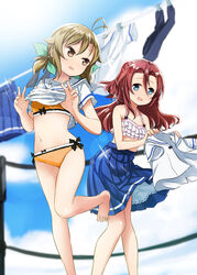  2girls abe_kanari antenna_hair bikini bikini_top_only black_bow blue_eyes blue_skirt blurry blurry_background blush bow bow_bikini brown_eyes brown_hair clothes_lift collarbone collared_shirt commentary_request day floating_hair frilled_bikini frills green_bow hairbow halterneck high_school_fleet himeji_kayoko lifting_own_clothes long_hair matsunaga_ritsuko medium_skirt multiple_girls open_mouth orange_bikini outdoors photoshop_(medium) pleated_skirt red_hair sailor_collar sailor_shirt shiny_skin shirt shirt_lift short_twintails skirt standing standing_on_one_leg swimsuit tied_hair twintails wavy_mouth white_bikini white_sailor_collar white_shirt 