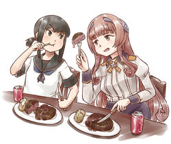  2girls :d :t baked_potato black_eyes black_hair black_sailor_collar brown_hair can coca-cola commentary_request drink_can eating epaulettes food fork fubuki_(kancolle) fubuki_kai_ni_(kancolle) gravy green_eyes headgear helena_(kancolle) holding holding_fork holding_knife kantai_collection karasu_(naoshow357) knife long_hair long_sleeves low_ponytail meat military military_uniform multiple_girls photoshop_(medium) ponytail potato sailor_collar school_uniform serafuku short_ponytail sidelocks simple_background smile soda_can steak table table_knife uniform upper_body white_background 