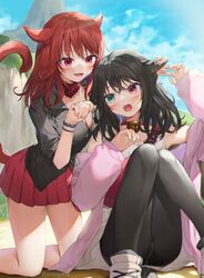  2girls :d absurdres animal_ears black_hair black_pantyhose black_shirt breasts brown_hair casual_attire_(ff14) cat_ears cat_girl cat_tail ear_fondling fangs fanny_pack final_fantasy final_fantasy_xiv green_eyes heterochromia highres jacket kneeling long_sleeves medium_breasts medium_hair miqo&#039;te multiple_girls oerba_yun_fang off_shoulder open_clothes open_jacket pantyhose pink_jacket pleated_skirt red_eyes red_hair red_skirt shirt sitting skirt sleeveless sleeveless_shirt smile tail tears warrior_of_light_(ff14) white_shirt yana_mori 