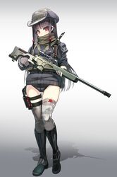  absurdres ass_visible_through_thighs battlefield_(series) battlefield_4 blush commentary_request cowboy_hat female gloves grey_gloves gun hat highres holding holding_gun holding_weapon jacket long_hair looking_at_viewer ookuma_nekosuke purple_hair red_eyes rifle scarf sniper_rifle solo thigh_strap thighhighs weapon 