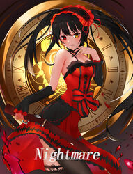  absurdres antique_firearm asymmetrical_hair black_hair black_thighhighs blush breasts clock clock_eyes date_a_live detached_sleeves dress english_text female finger_to_mouth firelock flintlock floating_hair frilled_hairband frills gun hairband hand_up heterochromia highres holding holding_gun holding_weapon lolita_fashion long_hair looking_at_viewer md5_mismatch medium_breasts parted_lips red_dress red_eyes revision roman_numeral solo spaghetti_strap sty symbol-shaped_pupils thighhighs thighs tokisaki_kurumi twintails weapon yellow_eyes 