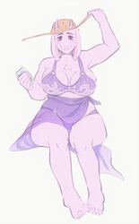  2020 4_toes anthro beverage big_breasts bikini boss_monster_(undertale) bovid breasts caprine cleavage clothed clothing darkriallet feet female fingers fur hat headgear headwear hi_res horn looking_at_viewer mammal mature_anthro mature_female red_eyes simple_background sitting solo swimwear thick_thighs toes toriel undertale undertale_(series) white_background white_body white_fur wide_hips 