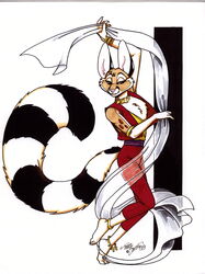  2003 absurd_res anklet anthro art_nouveau bassariscus bracelet cacomistle chester_ringtail_magreer clothed clothing dancing fluffy fluffy_tail fur hi_res jewelry male mammal markings necklet procyonid ring_(marking) ringed_tail signature solo striped_markings striped_tail stripes tail tail_markings terrie_smith traditional_media_(artwork) veil 