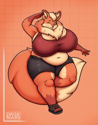  absurd_res anthro belly big_breasts black_sclera bottomwear breasts canid canine clothed clothing drokmars female footwear fox fur hi_res hotpants huge_breasts looking_at_viewer mammal melody_(drokmars) neck_tuft one_eye_closed orange_body orange_fur pupils red_body red_fur sandals shorts slightly_chubby solo tan_body tan_fur thick_thighs tuft white_pupils wink 