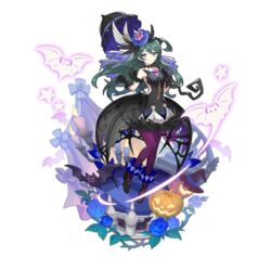  animal_print bat_(animal) blue_eyes candle clothing_request dark_green_hair dragalia_lost dress female green_hair halloween halloween_costume hat jack-o&#039;-lantern long_hair looking_at_viewer navel non-web_source odetta_(dragalia_lost) official_art saitou_naoki see-through smile solo spider_print spider_web_print stairs transparent_background witch_hat 