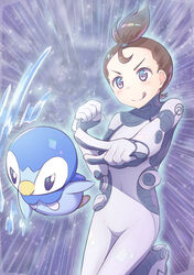  :q blush bodysuit brown_hair clenched_hand commentary_request covered_navel eyelashes female grey_bodysuit hands_up huziiro_matutya leg_up piplup pointing pokemon pokemon_(anime) pokemon_(creature) pokemon_the_movie:_i_choose_you! short_hair smile tongue tongue_out ultra_recon_squad_uniform v-shaped_eyebrows verity_(pokemon) 