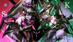  2girls akatsuki_kirika black_hair blonde_hair breasts collarbone elbow_gloves gloves green_eyes green_gloves highres ignite_module leaning_forward looking_at_viewer medium_breasts multiple_girls pink_eyes pink_gloves sample_watermark senki_zesshou_symphogear shoulder_spikes small_breasts smile spikes thighhighs thundergotch tsukuyomi_shirabe twintails watermark 