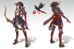  alternate_costume ashe_(league_of_legends) bird boots breasts brown_hair crow fake_horns female fingerless_gloves flying gloves gold_gloves gradient_background highres horns japanese_clothes league_of_legends linger_ftc medium_breasts medium_hair multiple_views oni_horns open_hand ponytail red_eyes reference_sheet sarashi single_fingerless_glove thigh_boots thighhighs tied_hair 