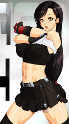  bare_shoulders black_gloves black_hair black_skirt black_sports_bra black_thighhighs breasts covered_nipples cowboy_shot crop_top female final_fantasy final_fantasy_vii final_fantasy_vii_remake fingerless_gloves gloves large_breasts long_hair looking_at_viewer low-tied_long_hair midriff navel open_mouth orange_eyes qkat_(arikawa-dou) skirt solo sports_bra thighhighs tifa_lockhart underwear undressing very_long_hair zettai_ryouiki 