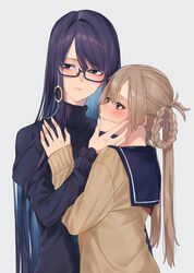  2girls absurdres bad_id bad_pixiv_id banana_oekaki black_hair blush braid braided_hair_rings brown_hair commentary_request crescent eyewear_strap glasses hair_rings hand_on_another&#039;s_cheek hand_on_another&#039;s_face height_difference highres jewelry light_smile long_hair multiple_girls rectangular_eyewear scar scar_on_face school_uniform simple_background stitched_face stitches upper_body urasekai_picnic uruma_satsuki urumi_luna yuri 