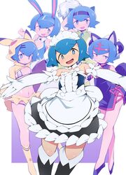  :3 :d abarai_(abarabone) alternate_costume animal_ears azumarill azumarill_(cosplay) bikini black_legwear blue_eyes blue_footwear blue_hair breasts cat_ears cheerleader china_dress chinese_clothes cleavage_cutout closed_mouth clothing_cutout commentary_request cosplay detached_collar dewpider dewpider_(cosplay) dress enmaided female gloves hair_ornament hairclip highres lana_(pokemon) litten litten_(cosplay) looking_at_viewer maid maid_headdress medium_breasts navel open_mouth outstretched_arms pikachu_costume pokemon pokemon_sm pom_pom_(cheerleading) purple_dress rabbit_ears short_hair simple_background smile swimsuit thighhighs white_background white_bikini white_gloves yellow_legwear 