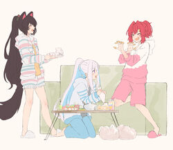  3girls absurdres alternate_costume alternate_hairstyle ange_katrina animal_ears bag bare_legs barefoot black_hair blue_hair blue_pants blush bowl bugles_(food) bugles_on_fingers cake casual closed_eyes commentary cup dog_ears food food_on_hand from_side full_body grey_background grey_shirt hair_ornament hairclip highres holding holding_plate hood hooded_jacket hoodie icing indoors inui_toko jacket kneeling laughing light_blue_hair lize_helesta long_hair looking_at_another loungewear multicolored_hair multiple_girls nijisanji open_mouth orange_shirt pants pink_hoodie pink_shorts plastic_bag plate ponytail pose profile purple_eyes red_hair sanbaka_(nijisanji) scrunchie shirt shorts simple_background slippers smile standing standing_on_one_leg straight_hair streaked_hair striped_clothes striped_jacket talunilu_uu3 teacup thighs two-tone_hair very_long_hair virtual_youtuber white_footwear white_hair white_jacket 