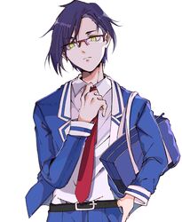  1boy adjusting_clothes adjusting_necktie bag belt black_hair glasses hand_up haniwa15 highres long_sleeves male_focus munou_na_nana necktie red-framed_eyewear red_necktie school_bag school_uniform simple_background solo standing tachibana_jin thumb_in_pocket white_background yellow_eyes 