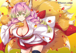  alternate_costume animal_ears autumn_leaves baretto_(firearms_1) black_thighhighs braid breasts cleavage commentary_request cowboy_shot female food fox_ears fox_tail gradient_background gradient_hair green_eyes green_hair halloween inari inarizushi japanese_clothes kanroji_mitsuri kimetsu_no_yaiba large_breasts long_hair long_sleeves looking_at_viewer miko mole mole_under_eye motion_blur multicolored_hair multiple_tails orange_background pink_hair simple_background smile solo sushi tail thighhighs thighs tri_braids twitter_username two-tone_hair wide_sleeves yellow_background 