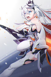  absurdres bare_shoulders blue_eyes boots breasts cape earrings female gauntlets hair_between_eyes hair_ornament highres holding holding_sword holding_weapon honkai_(series) honkai_impact_3rd jewelry kiana_kaslana kiana_kaslana_(herrscher_of_flamescion) long_hair open_mouth ponytail red_cape sideboob solo ssssolagu sword teeth thigh_boots thighhighs v-shaped_eyebrows weapon white_hair white_thighhighs 