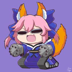  animal_ear_fluff animal_ears black_eyes blue_bow blue_dress blue_ribbon bow caterpillar_tracks chibi commentary commission cosplay cyborg dress drogo_doggo fate/extra fate/grand_order fate_(series) female fox_ears fox_girl fox_tail full_body gatling_gun gun gundam guntank guntank_(cosplay) highres japanese_clothes mechanical_parts obi open_mouth pink_hair purple_background ribbon sash signature tail tamamo_(fate) tamamo_no_mae_(fate/extra) weapon 