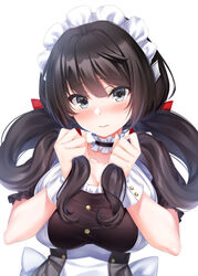  azur_lane black_dress black_hair blue_eyes blush breasts choker cleavage closed_mouth collarbone commentary_request dress female glasgow_(azur_lane) hair_between_eyes hair_ribbon head_tilt highres ken_ill large_breasts long_hair looking_at_viewer maid maid_headdress partial_commentary puffy_short_sleeves puffy_sleeves red_ribbon ribbon short_sleeves simple_background solo tsurime twintails upper_body white_background wrist_cuffs 