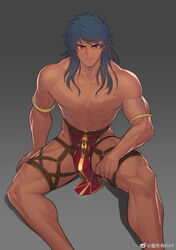  1boy abs bara bare_shoulders blue_hair bulge commentary_request dark_blue_hair dark_skin detached_sleeves earrings fate/grand_order fate_(series) gradient_background greco-roman_clothes highres hunterkay jewelry large_pectorals leather long_hair looking_at_viewer male_focus muscular muscular_male nipple_piercing pants pectorals pelvic_curtain piercing red_eyes revealing_clothes roman_clothes romulus_quirinus_(fate) solo tight_clothes tight_pants topless_male 