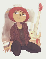  2022 5_fingers anthro bottomwear bovid bzeh caprine clothed clothing electric_guitar female fingers flannel_shirt guitar hair hi_res horn jewelry kneeling lammy_lamb looking_aside mammal musical_instrument pants parappa_the_rapper pendant plucked_string_instrument red_hair sheep smile solo sony_corporation sony_interactive_entertainment string_instrument tan_body um_jammer_lammy 