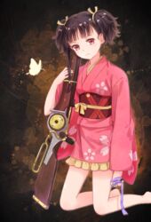  arm_at_side bare_legs black_hair bottomless brown_background bug butterfly cherry_blossom_print commentary_request dark_background feet_out_of_frame female floral_print frilled_kimono frills grey_ribbon gun hair_ribbon highres holding holding_gun holding_ribbon holding_weapon japanese_clothes kimono kneeling koutetsujou_no_kabaneri lever_action long_sleeves looking_at_viewer mumei_(kabaneri) obi over_shoulder pink_kimono print_kimono red_eyes red_sash ribbon rifle rirako sash short_hair short_kimono solo thighs twintails weapon wide_sleeves yellow_ribbon 