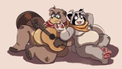  16:9 andythetanuki andythetanuki_(character) anthro canid canine duo franook franpaccio fur gazpacho guitar hi_res male male/male mammal musical_instrument overweight pawpads paws plucked_string_instrument raccoon_dog slightly_chubby smile string_instrument tanuki widescreen 