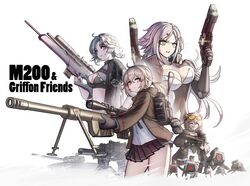  4girls absurdres backpack bag bgm-71_(girls&#039;_frontline) black_bra black_gloves black_jacket bolt_action bra breasts brown_hair brown_jacket brown_skirt bullpup character_name cheogtanbyeong cheytac_m200 choker cleavage closed_eyes clothing_cutout double_bun dual_wielding eyewear_on_head finger_on_trigger girls&#039;_frontline gloves green_eyes gun h&amp;k_sl8 hair_bun hair_ornament hairclip hand_on_own_hip handgun high_collar highres holding holding_gun holding_weapon hunter_(girls&#039;_frontline) jacket jacket_on_shoulders long_hair looking_at_viewer looking_to_the_side m200_(girls&#039;_frontline) military military_vehicle motor_vehicle multiple_girls navel navel_cutout open_clothes open_jacket p90 p90_(girls&#039;_frontline) pink_eyes pleated_skirt ponytail purple_eyes rifle sangvis_ferri scribble shirt short_hair skirt sl8_(girls&#039;_frontline) smile sniper_rifle submachine_gun sunglasses t-14_armata tank tinted_eyewear underwear weapon white_background white_hair white_shirt yellow-tinted_eyewear 