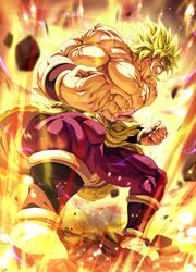  1boy abs aura bad_id bad_twitter_id blank_eyes blonde_hair boots bracer broly_(dragon_ball_super) clenched_hands clenched_teeth commentary_request debris dragon_ball dragon_ball_super dragon_ball_super_broly full_body highres large_pectorals legendary_super_saiyan male_focus motion_blur muscular muscular_male pants pectorals pelt purple_pants scar scar_on_chest sekitsuki_hayato signature skin_tight solo spiked_hair super_saiyan teeth topless_male veins 