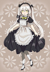  absurdres apron blush cla_(finesoda) commentary curtsey destroyer_(girls&#039;_frontline) female girls&#039;_frontline highres long_hair maid maid_apron pale_skin pantyhose photoshop_(medium) sangvis_ferri shoes skirt_hold solo twintails white_hair yellow_eyes 