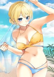  absurdres arm_up armpits beach bikini blonde_hair blue_bikini blue_eyes blue_sky blush braid breasts closed_mouth cloud cloudy_sky collarbone commentary darjeeling_(girls_und_panzer) day female girls_und_panzer girls_und_panzer_senshadou_daisakusen! gradient_bikini gradient_swimsuit highres holding holding_shawl jewelry leaning_to_the_side looking_at_viewer medium_breasts mismatched_bikini multi-strapped_bikini navel necklace ocean orange_bikini outdoors palm_tree see-through see-through_shawl shawl short_hair skindentation sky smile solo standing swept_bangs swimsuit thighs tied_hair touma_(tsunamiharuru) tree 