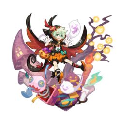  1boy asymmetrical_clothes asymmetrical_legwear buttons candle checkered_floor cloak dragalia_lost faux_figurine full_body ghost ghost_tail gloves green_eyes green_hair halloween halloween_costume hood hooded_cloak jack-in-the-box jack-o&#039;-lantern looking_at_viewer lowen_(dragalia_lost) male_focus non-web_source oerba_yun_fang official_art open_hands open_mouth puffy_shorts pumpkin ribbon saitou_naoki shorts smile solo transparent_background tree uneven_legwear window 