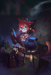  absurdres animal_ears arknights backpack bag barefoot brown_gloves brown_ribbon female fox_ears fox_girl fox_tail glasses gloves green_eyes herb highres hong_yu mushroom myrrh_(arknights) open_mouth photoshop_(medium) pink_hair pot potion ribbon skirt solo tail test_tube 