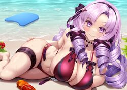  absurdres argyle bad_leg beach bikini bodyboard bottle breasts closed_mouth commentary_request drill_hair drill_sidelocks female flower hair_ornament hair_ribbon hairband highres hyakumantenbara_salome large_breasts long_hair navel nijisanji outdoors purple_eyes purple_hair purple_hairband purple_ribbon red_bikini red_flower ribbon sand sidelocks skindentation smile solo stomach strelka_belca swimsuit tea thigh_strap thighs virtual_youtuber 