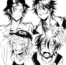  4boys amemura_ramuda arisugawa_dice bad_id bad_twitter_id baseball_cap beer_can bucket_hat can candy casual drink_can food greyscale grin hat highres hypnosis_mic jacket lollipop male_focus mole mole_under_eye mole_under_mouth monochrome multiple_boys open_mouth sidelocks simple_background smile white_background yamada_jiro yamada_saburo yousuke_(yosk) 