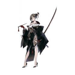  akeha_(nier_reincarnation) bare_legs black_footwear black_kimono brown_eyes dagger female full_body gloves grey_hair hair_bun hair_over_one_eye high_heels highres holding holding_sword holding_weapon japanese_clothes katana kimono knife leg_tattoo mole mole_under_eye nier_(series) nier_reincarnation obi official_art ootachi pale_skin red_gloves reverse_grip sash shoulder_tattoo side_slit single_hair_bun smoking_pipe solo stiletto_heels sword tattoo updo weapon wide_sleeves yoshida_akihiko 