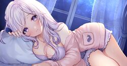  bed blush breasts cleavage long_hair necklace night original pajamas purple_eyes white_hair yuge_(mkmk) 