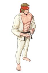  1boy abs bad_id bad_pixiv_id bandages bara belt black_belt blush dougi enjoji_michiru full_body green_eyes green_hair headband idolmaster idolmaster_side-m judo looking_at_viewer male_focus martial_arts_belt muscular muscular_male pectorals solo sweat wanggamza 