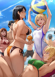  4boys 4girls armpits arms_up ass ball beachball bikini black_eyes black_hair blonde_hair breasts brown_hair character_request cleavage competition_swimsuit daishou_suguru daraz glasses haikyuu!! highres hinata_shouyou long_hair looking_at_another lying multiple_boys multiple_girls one-piece_swimsuit open_mouth purple_eyes shimizu_kiyoko short_hair smile swimsuit tanaka_ryuunosuke tanaka_saeko_(haikyuu!!) yachi_hitoka yamaka_mika 